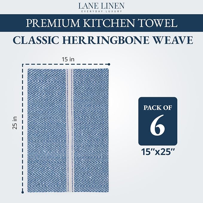 LANE LINEN Kitchen Towels Set - 100% Pure Cotton Dish Towels for Kitchen, Super Absorbent Kitchen Hand Towel, Tea Towels, Soft & Durable Dish Cloths, Pack of 6 – 14”x25”, Indigo - Image 2
