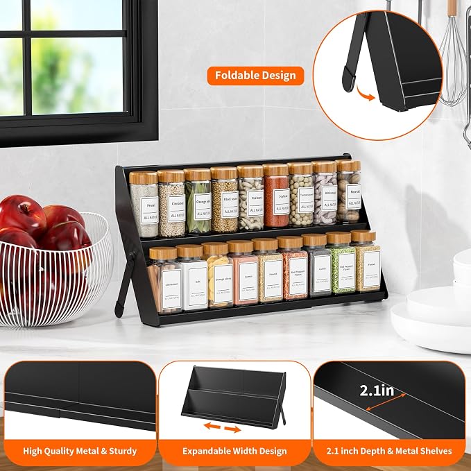 RCHYFEED 2 in 1 Spice Rack Organizer, Expand 12.8 to 21.8 Inch, Foldable | Metal Spicy Shelf，Tiered Spice Rack Suit for Countertop, Cabinet and Drawer, Fits Jars Up to 2.1 Inch, Jars Not Included - Image 5
