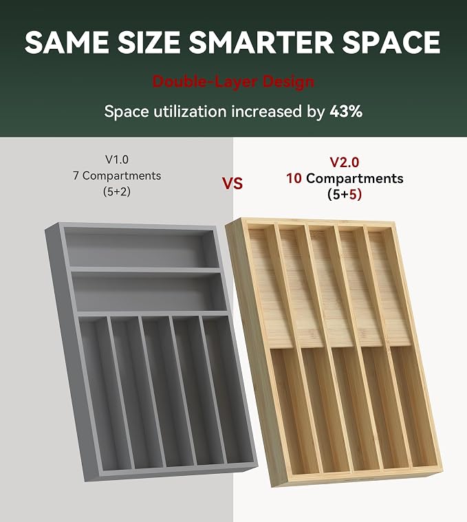Silverware Drawer Organizer for Kitchen Utensil,Bamboo 10 Slot | 16”Dx12.3”Wx1.7”H, Vertical Storage, Cutlery Tray Dividers for Spoons Forks Knives - Image 5