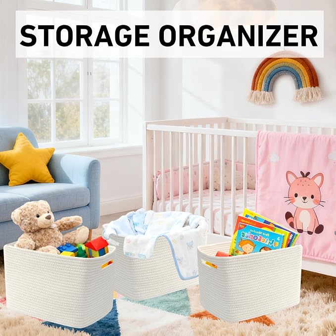 3 Pack Woven Baskets,Storage Baskets for Shelves with Handles | 13.5"×11"×9.5",Closet Baskets,Gift Basket,Nursery Organizer for Toys Towels Books,Storage Bin for Living Room Bedroom-White - Image 4