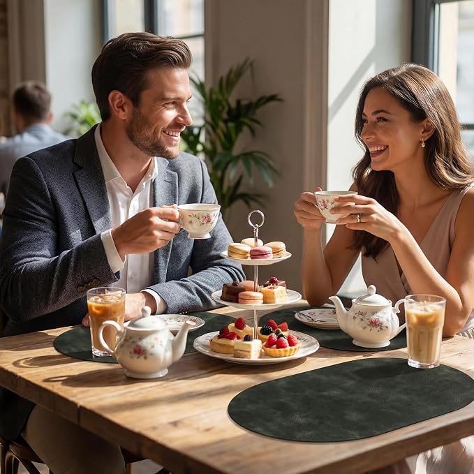 Oval Placemats 2mm Ultra Thick Faux Leather Table Mats, Heat Resistant Waterproof Wipeable Dining Mats for Kitchen Table, Set of 6, Olive Green - Image 7