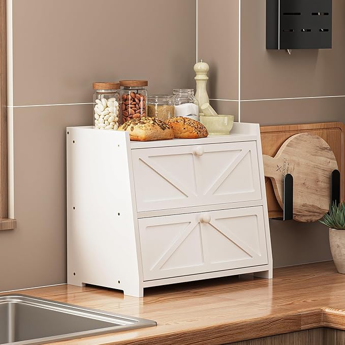Trironsun Vintage Double Layer Bread Box for Kitchen Counter Bamboo Bread Storage Container Large Capacity Bread Storage Bin (White) - Image 3
