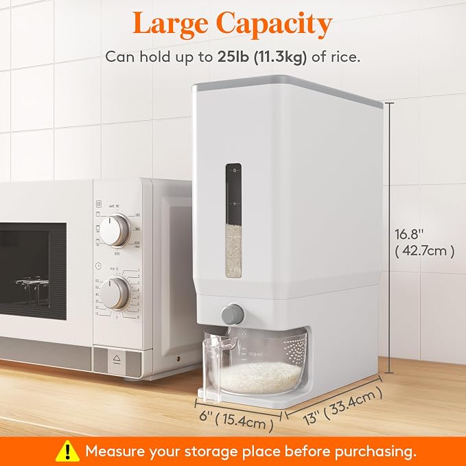 Lifewit Rice Dispenser 25 Lbs, Airtight Storage with Cup, 2 Pack White | BPA-Free 11.3kg Capacity Storage Container for Beans, Corn & Other Small Grains, One-Press Dispensing Bin for Kitchen Pantry - Image 3