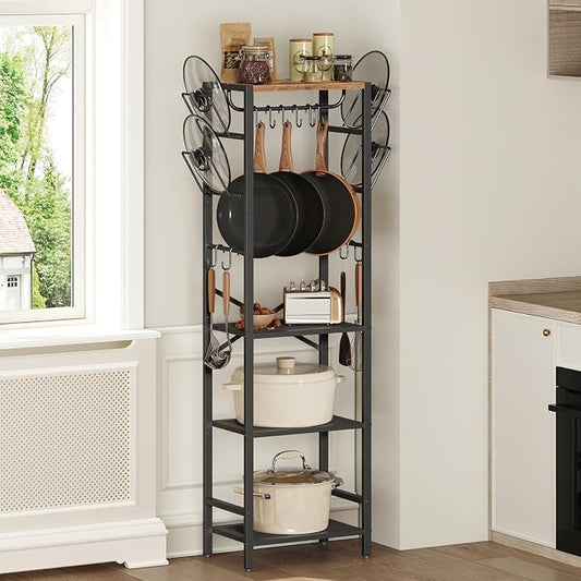 MAHANCRIS 4-Tier Pot Rack, Pots and Pans Organizer for Kitchen Corner, Kitchen Storage Rack with U-Shaped Lid Holders, Freestanding Cookware Stand, Rustic Brown and Black POHR3001 by MAHANCRIS