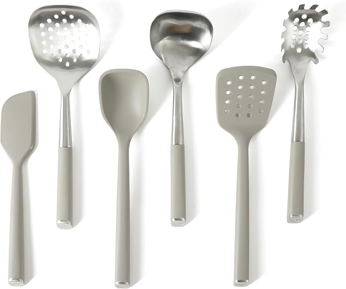 Calphalon Edge 6-Piece Stainless Steel and Silicone Kitchen Tool Set, Kitchen Utensil Set, Scraper, Skimmer, Spoon, Ladle, Turner, Pasta Server, Heat Resistant Nonstick Safe Cooking Utensils (Taupe) by Unknown