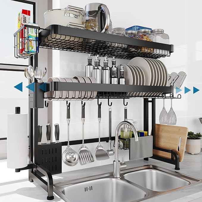 LIVOD Over The Sink Dish Drying Rack,3 Tier Adjustable Length Full Stainless Steel Large Storage Kitchen Dish Rack,for Kitchen Counter Expandable Multifunctional Organizers,Silver(25.5'' to 37.4'') by LIVOD