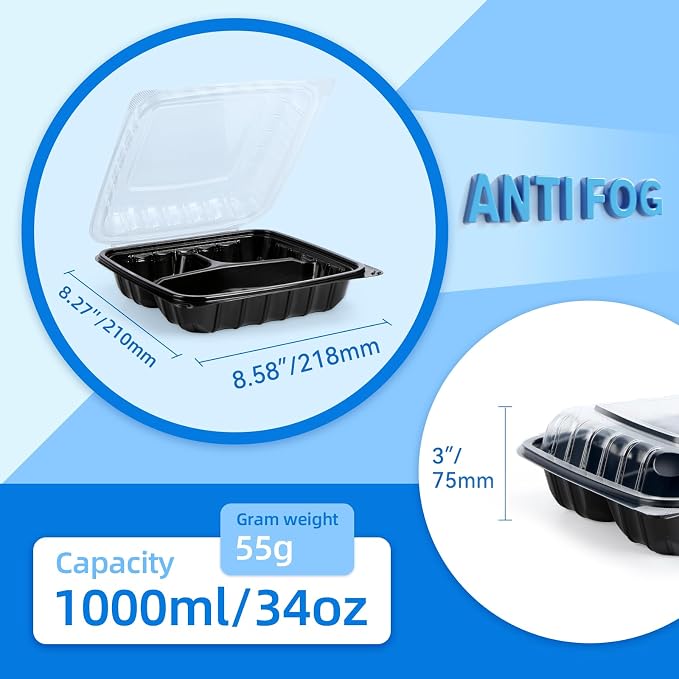 YANGRUI 25 Pack 34oz 8" 3-Compartment Togo Container Shrink-Wrapped No Wash | Ready to Use Anti-Fog Lid | Leakproof BPA-Free PP | Microwave & Freezer Safe for Cold Brew Salad, Hotel Catering & Meal Prep - Image 3