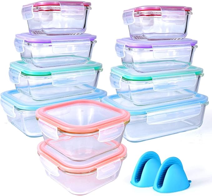 20 Pc Glass Food Storage Containers with Snap Lock Lids, Airtight & Leakproof, Bonus 2 Oven Silicone Gloves, Safe for Dishwasher, Oven, Microwave,Freezer, BPA Free - Image 4