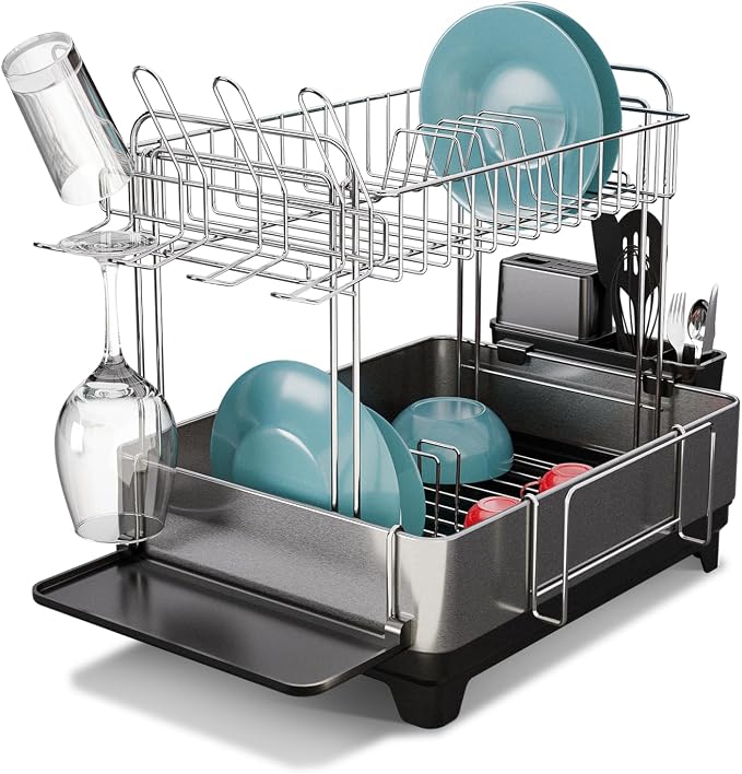 Home Zone Living Dish Drying Rack for Kitchen Counter with 2-Tiers | Stainless Steel with Drip Tray, Extendable Water Drainage Pipe, and Holders for Utensils, Wine Glasses and Cutting Board by HomeZoneLiving