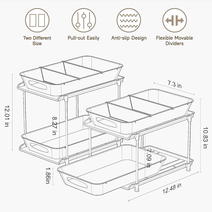 2-Pack 2-Tier Under Sink Organizer with Pull Out Drawers | Multi-use kitchen & bathroom storage. Includes hanging hooks and cups. transparent, space-saving cabinet design. 12.8 Inch - Image 6