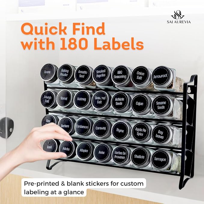 28-Jar Spice Rack Organizer with 4-Tier Metal Stand | Complete Set with Glass Jars, Labels & Funnel | Space-Saving Kitchen Spice Storage (Wall or Countertop Mount) - Image 7