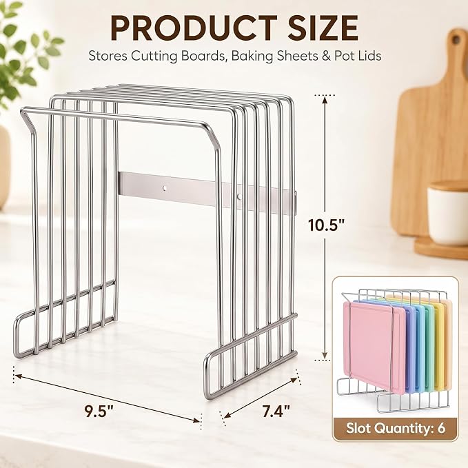 Geetery Wall Mount Cutting Board Rack 6-slot Metal Wire Polished Stainless Steel Cutting Board Organizer Holder for Commercial Kitchen Fits Baking Sheets and Pans Lids 9.5" x 7.4" x 10.5" - Image 2
