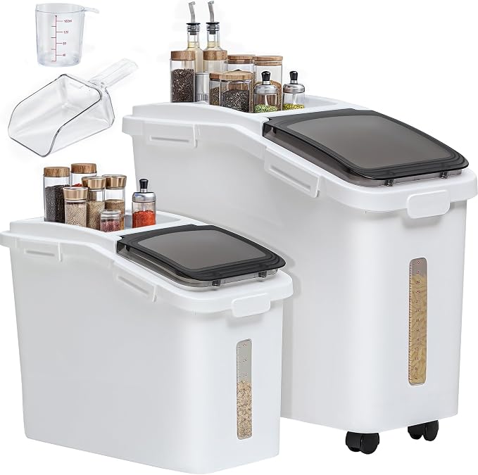 YITAHOME 65L/117lbs Rice Storage Bins, 11.4+5.8 Gal Rice Flour Storage Container with Measuring Cup,BPA Free,Scoop and Wheels for Kitchen| Flour| Pet Food| Grain,2 Counts,White & Black Lid by YITAHOME