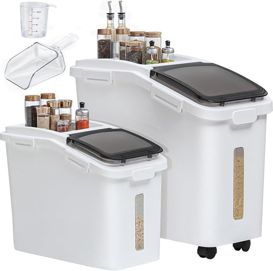 YITAHOME 65L/117lbs Rice Storage Bins, 11.4+5.8 Gal Rice Flour Storage Container with Measuring Cup,BPA Free,Scoop and Wheels for Kitchen| Flour| Pet Food| Grain,2 Counts,White & Black Lid by YITAHOME
