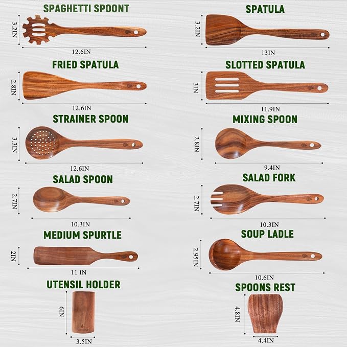 12 Pcs Teak Wooden Utensils Set, Wooden Spoons for Cooking | Non-Toxic & Nonstick Safe Kitchen Utensil, Durable Comfort Grip， Heat Resistant Wood Cookware with Holder and Spoon Rest - Image 4