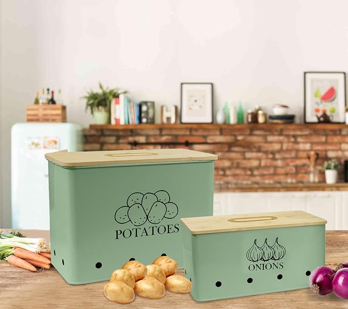 Potato and Onion Storage Bin Set of 2, Vented Metal Vegetable Storage with Wooden Lids, Farmhouse Kitchen Canisters for Countertop Pantry Organizer, Potato Bin Onion Holder for Produce Storage, Green - Image 6