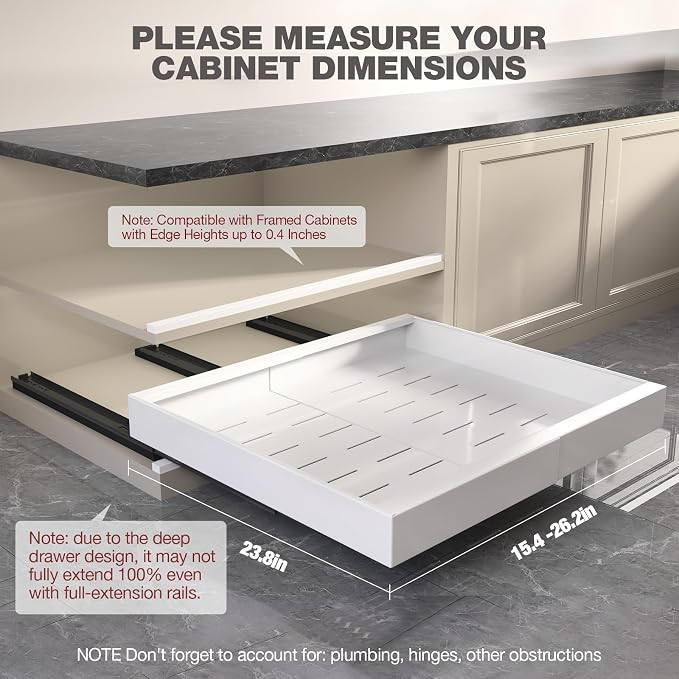 Seinloes 2 Pack Pull Out Cabinet Organizer 24" Deep,Full Extension 3 Slide Rails Slide Out Drawers With Raising Pad for Framed Cabinets,Expandable Width (15.4"-26.2"),No Drill Roll Out shelf,White - Image 5