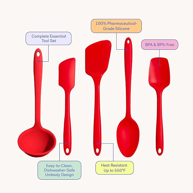 GIR: Get It Right 5 Piece Silicone Ultimate Kitchen Utensils Set - Ladle, Spatula, Flip, Spoon & Spoonula - Non-Toxic Cooking Utensils for Nonstick Cookware, Cooking and Baking - Red - Image 2