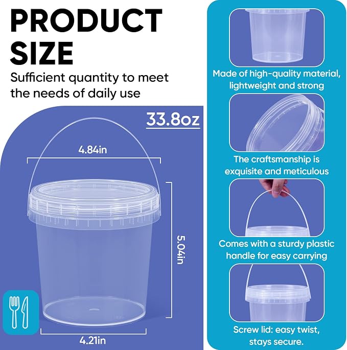4Pack 34oz Clear Bucket with Lids - Plastic Food Storage Containers, Airtight Screw-On Lids - Freezer Safe Ice Cream Bucekts, Food Grade Reusable Containers for Kitchen - Image 4