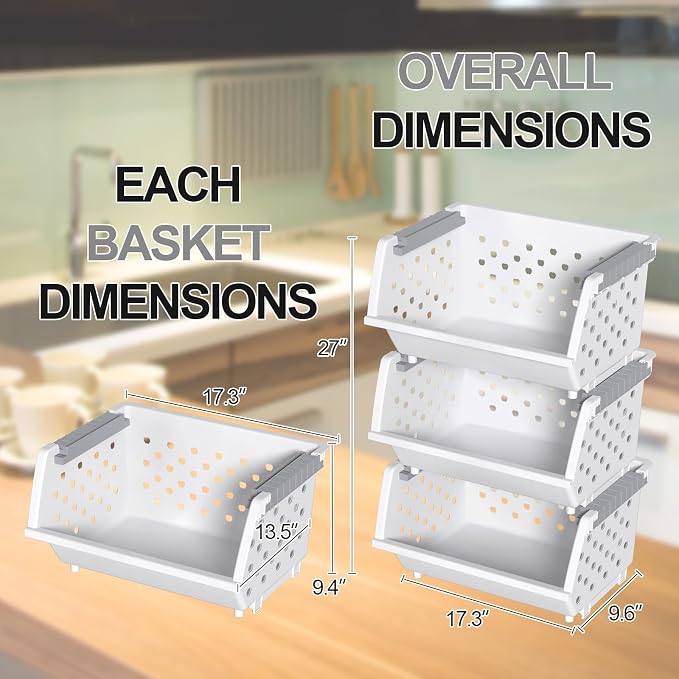 Stackable Storage Bins, Open Front for Pantry Storage, 3 Pack | Plastic Kitchen Organizer Basket, Open Front Access, Stacking Bins for Snacks, Produce and Pantry Items, White - Image 2