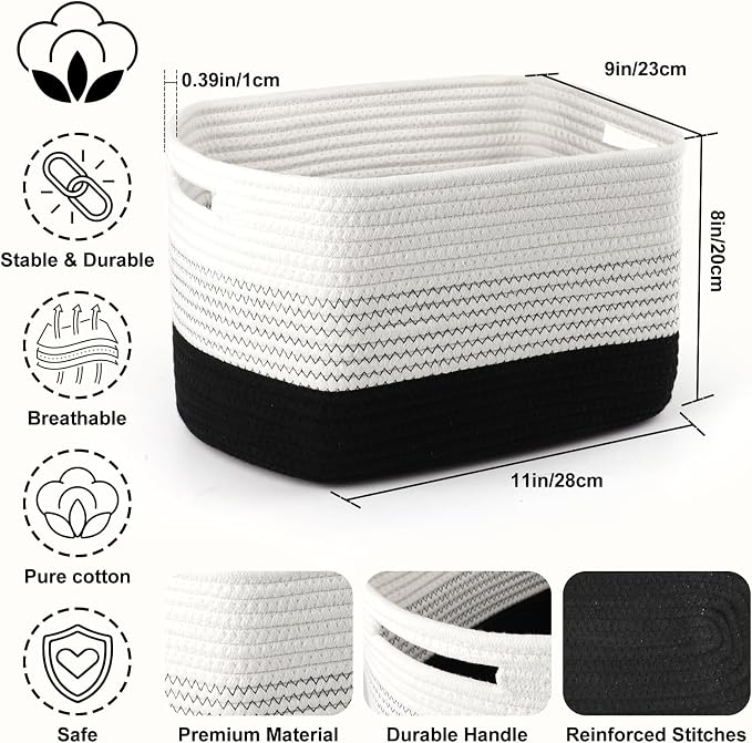 4 Pack Storage Baskets for Organizing, 11''Lx9''Wx8''H Woven Baskets for Storage Toys, Towels, Books, and Clothes, Cotton Rope Basket for Shelves with Handle - Image 2