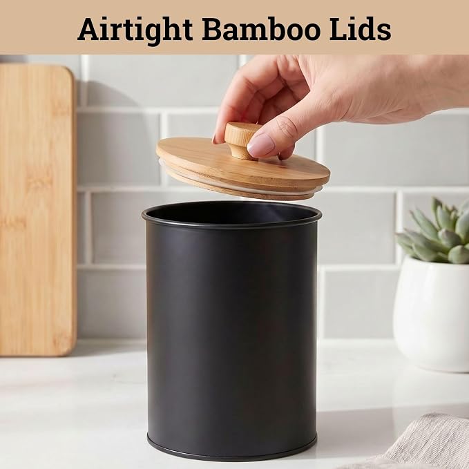 Kitchen Canisters for Countertop Set of 4 w/ Chalkboard Labels & Marker Pen | Airtight Easy Open Bamboo Lids, Dent-Resistant Thick Metal, Customizable Chalkboard Labels, Marker Pen Included, Set of 4 - Image 4