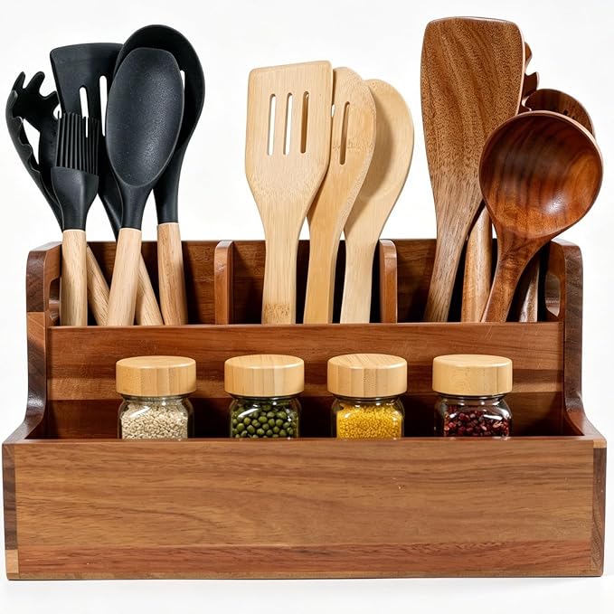 Kitchen Utensil Holder for Countertop with 4 Compartments Acacia Large Utensil Holder Wooden Storage for Cooking,Baking,Flatware Tool Kitchen Utensil Organizer. ﻿. by Brightdeer