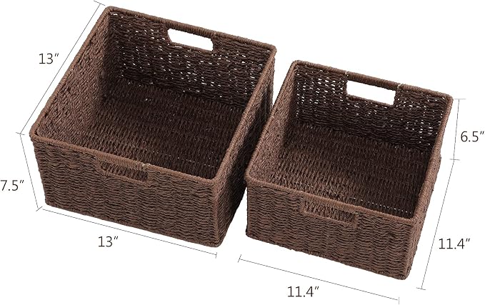 HOONEX Storage Baskets for Organizing, Decorative Round Paper Rope Woven Baskets for Storage with Carrying Handles, Set of 2, Dark Brown - Image 4