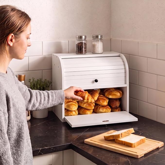 Alpeir Roll Top Bread Box with Cutting Board for Kitchen Countertop, White | Large Breadbox with Ventilation Holes, Double Layer Pantry Shelf, Wooden Homemade Bread Storage Container, Vintage Farmhouse - Image 2