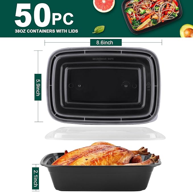 Meal Prep Containers 38 Oz, Plastic Food Prep Containers with Lids,50-Pack | BPA-Free, Stackable, Microwave, Dishwasher Safe Disposable To Go Container for Meal Plan - Image 2