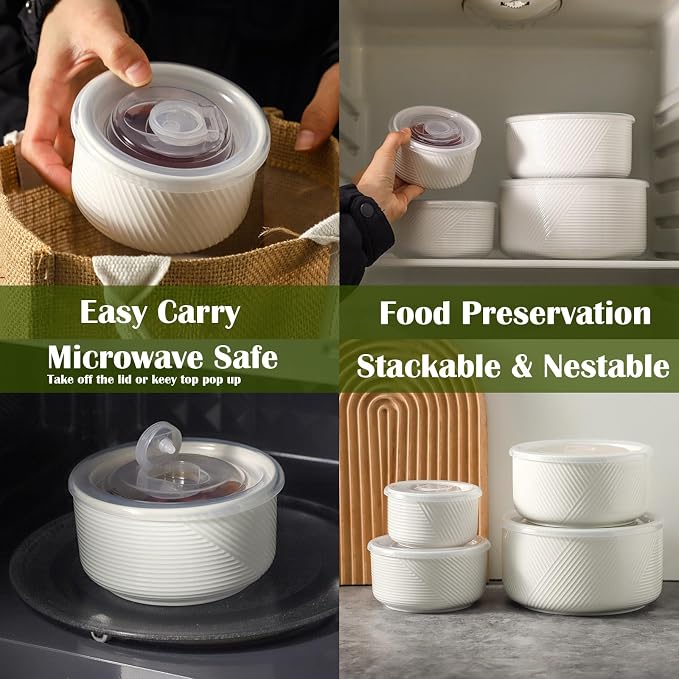 Ceramic Nesting Bowls with Lids, Set of 4, White | 50/32/20/10 oz Mixing Bowls with Lids - Porcelain Food Storage Containers For Prep and Serving, Microwave Safe - Image 3