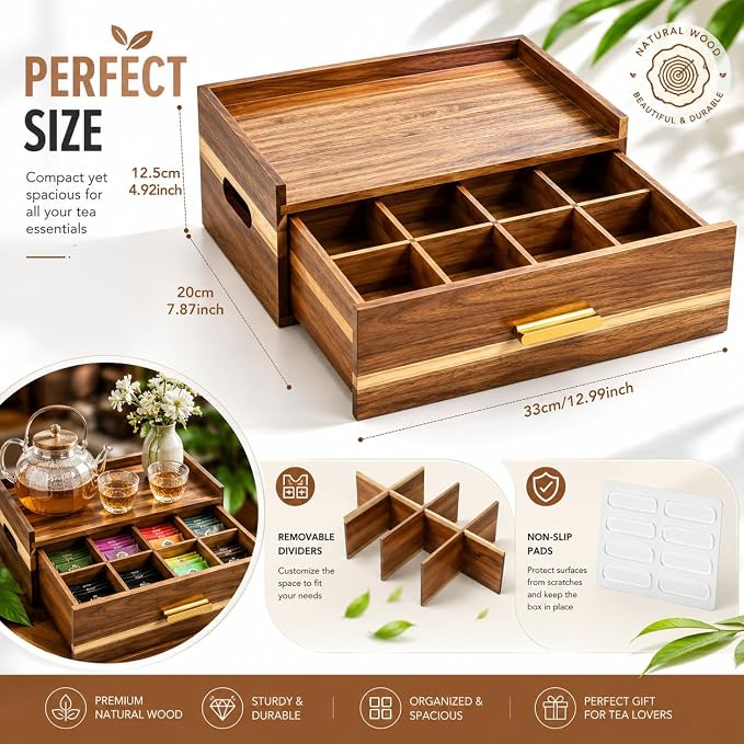 Acacia Wood Tea Bag Organizer 8 Compartment Storage Box & Organizer with Drawer Tea Bag Holder Container Chest,Coffee Station Sugar Packet Display for Countertop, Pantry, Office Cabinet - Image 2