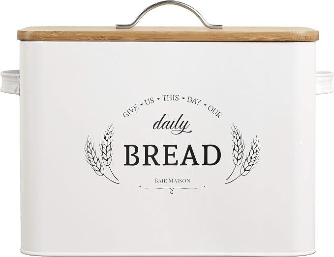 Baie Maison Extra Large White Farmhouse Bread Box for Kitchen Countertop - Breadbox Holder Fits 2+ Loaves - Bread Storage Container Bin - Rustic Bread Keeper Vintage Metal Kitchen Decor for Counter by BAIEMAISON