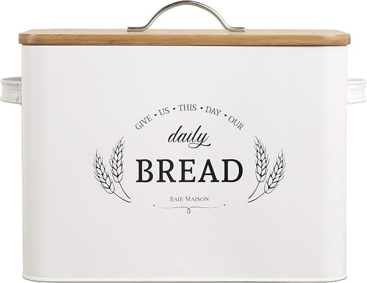 Baie Maison Extra Large White Farmhouse Bread Box for Kitchen Countertop - Breadbox Holder Fits 2+ Loaves - Bread Storage Container Bin - Rustic Bread Keeper Vintage Metal Kitchen Decor for Counter by BAIEMAISON