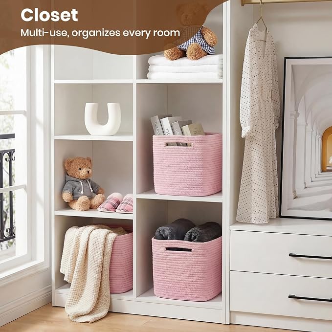 Storage Baskets for Organizing, 14 x 10 x 9” Closet Shelf Woven Baskets, Square Bins with Handles, Cotton Rope Basket for Clothes, Office, Room, Pink 3 Pack - Image 4