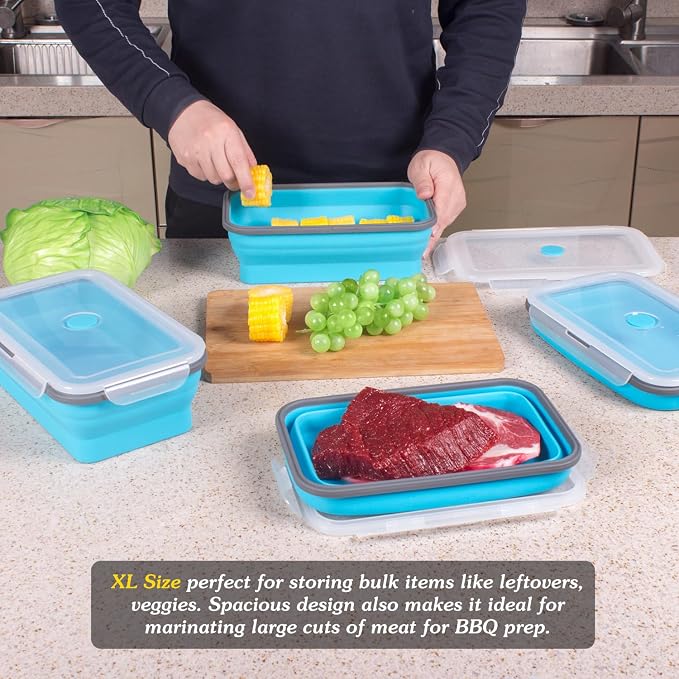 Extra Large Collapsible Food Storage Containers with Lid & Air Vent, 58 oz, 4 Pack, XL Collapsible Marinade Container with Lid Foldable Silicone Containers, Microwave Freezer Dishwasher Safe, Blue - Image 2