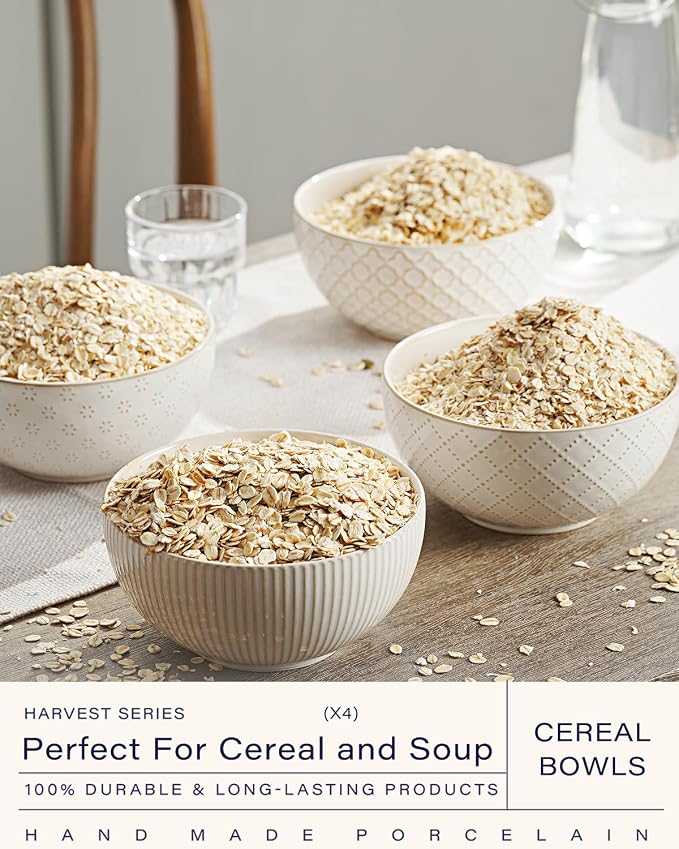 getstar Ceramic Soup Bowls, Big Cereal Bowl Set of 4 with Assorted Embossment (6.1 inch & 30 oz), Farmhouse Vintage Color Bowls for Kitchen - Image 2