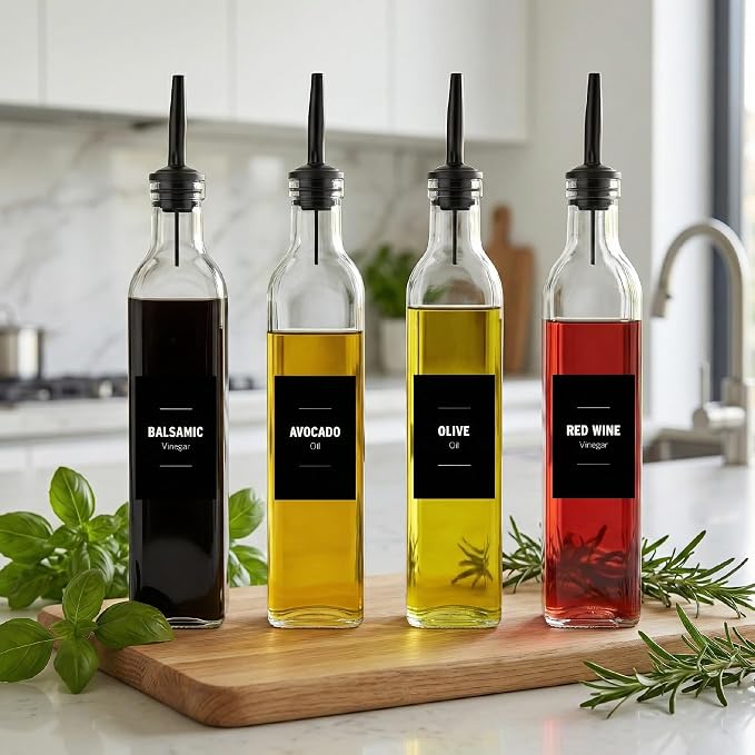 Olive Oil & Vinegar Dispenser Bottle Set with Stainless Steel Pourer, Funnel & Labels - Glass Kitchen Oil Cruet - Dispenser Bottle for Coffee Syrup, Soy Sauce, Cooking Sauces & More - 500ml - Set of 4 - Image 2