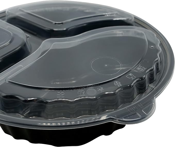 3 Compartment 33oz Black Round Meal Prep Containers with Lids, Reusable Bento Box, Food Storage Containers | BPA Free | Stackable | Lunch Boxes, Microwave/Dishwasher/Freezer Safe (25) - Image 3