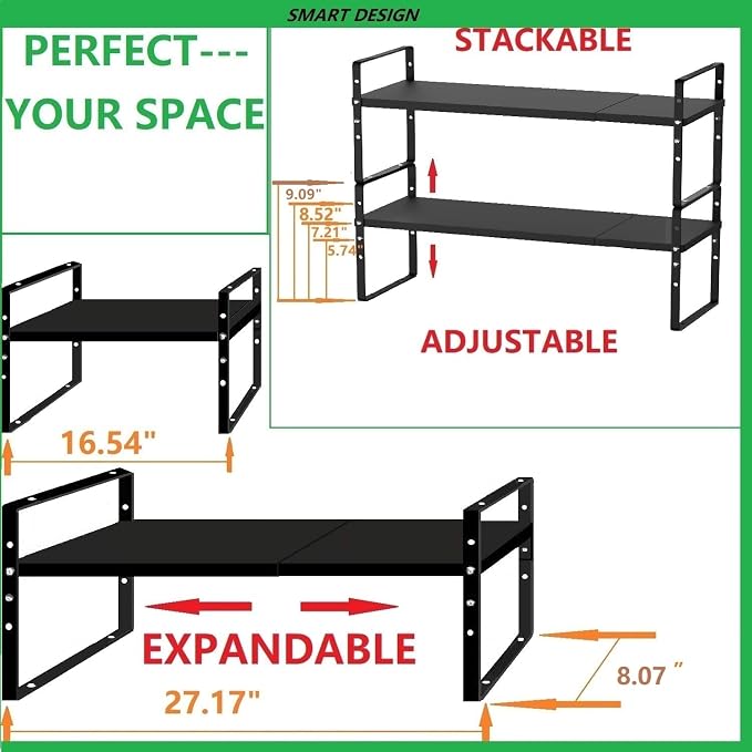 Jojocross Expandable Stackable Spice Rack Cabinet Shelf Organizer in Cabinets Shelves Kitchen Cupboard Organization Stack up Racks Pantry Countertop Storage Medium/Black 2 Packs - Image 5