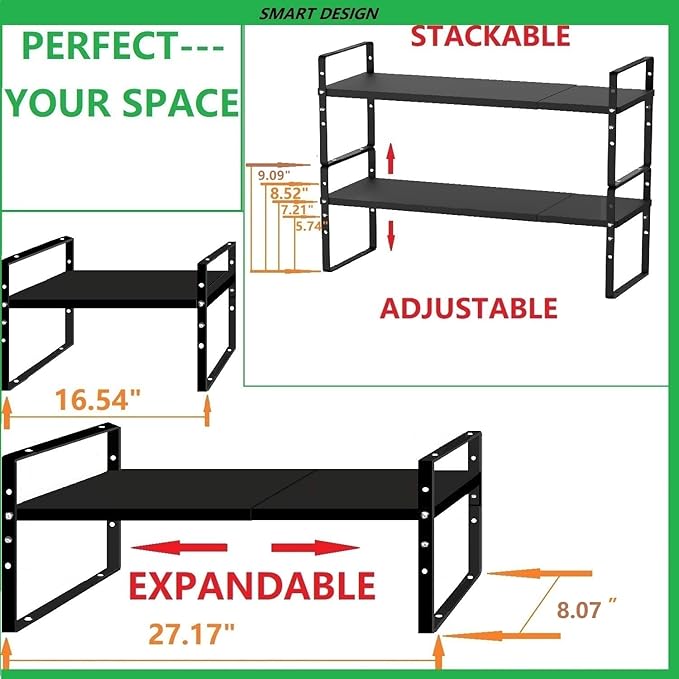 Jojocross Expandable Stackable Spice Rack Cabinet Shelf Organizer in Cabinets Shelves Kitchen Cupboard Organization Stack up Racks Pantry Countertop Storage Medium/Black 1 Pack - Image 3