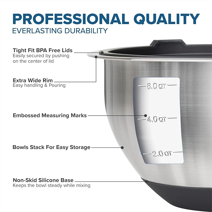Viking Mixing Bowls Set, 10 Piece Stainless Steel Kitchen Cookware, Non-Slip Silicone Base, Includes Tight Fit Lids, Dishwasher Safe, Black - Image 3