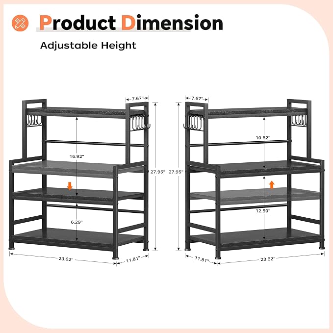23.6"W Large Kitchen Countertop Organizer, 3 Tier Spice Rack Organizer with Adjustable Shelf and 10 Hooks, Wooden Counter Organizer, Countertop Shelf Microwave Stand for Kitchen, Coffee Bar, Black - Image 9