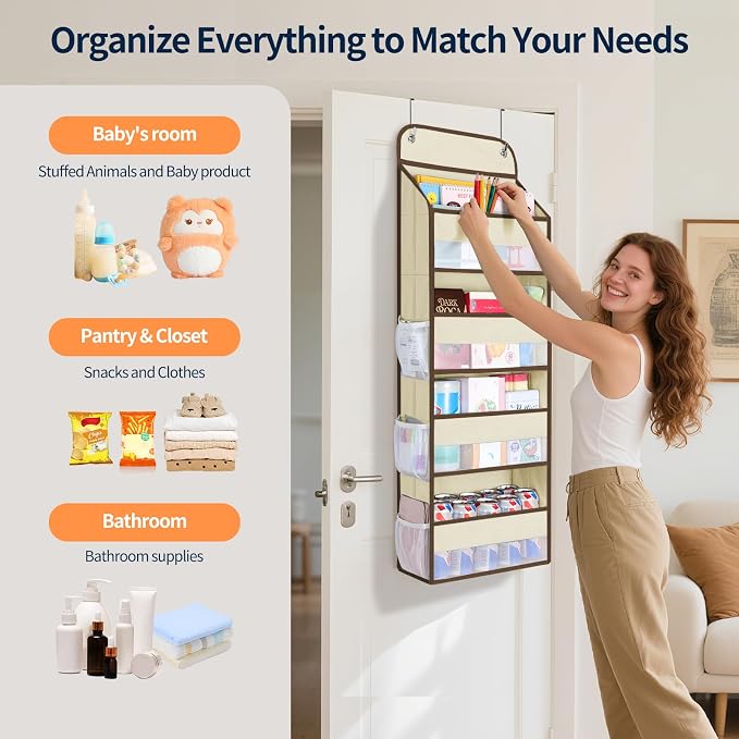 Yecaye Over The Door Organizer, Heavy Duty Hanging Organizers and Storage with 4 Large Capacity Pockets, Swing-Proof Behind The Door Storage for Bathroom Nursery Bedroom Dorm Closet, Beige,1Pc - Image 4