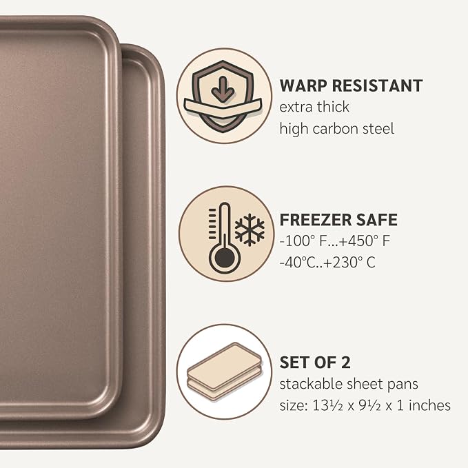 9 x 13 inch Nonstick Quarter Sheet Pan 2-Pack, PFOA & BPA Free | | Non-Toxic - High Carbon Steel - Gold - Cookie Baking Sheets for Oven - Image 4