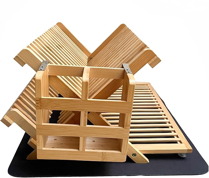 Bamboo Dish Drying Rack with Utensil Holder & Absorbent Dish Drying Mat|3Tier Collapsible Wooden Dish Rack for Kitchen Countertop|Large Foldable Dish Drainer|Kitchen Organizer for Plates Cups utensils by Unknown