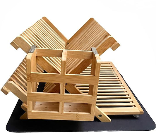 Bamboo Dish Drying Rack with Utensil Holder & Absorbent Dish Drying Mat|3Tier Collapsible Wooden Dish Rack for Kitchen Countertop|Large Foldable Dish Drainer|Kitchen Organizer for Plates Cups utensils by Unknown
