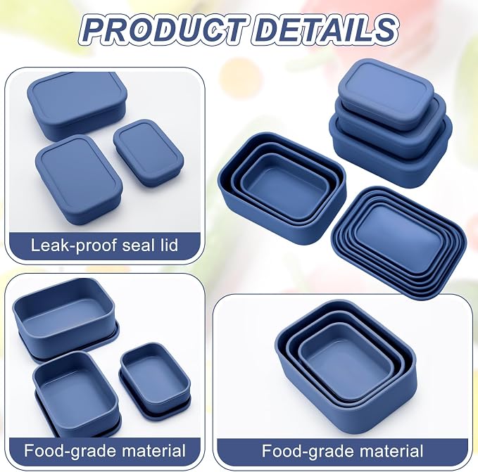 2 Sets of 6 Silicone Food Storage Containers, Reusable Lunch Bento Box with Lid, Hard Shell Storage Containers, Microwave Dishwasher Freezer Safe, 10 oz, 23.6 oz, 44 Ounce(Blue) - Image 3