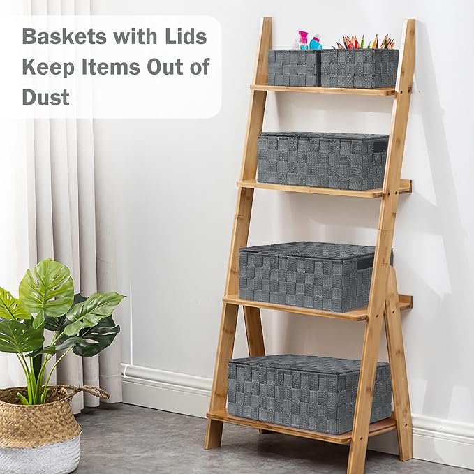 Storage Baskets with Lids: 5 Pack Stackable Woven Storage Bins, Grey | Decorative Woven Baskets for Organizing with Built-In Handles for Shelves, Closets, Cabinets and Cubbies, Gift Small Basket - Image 3