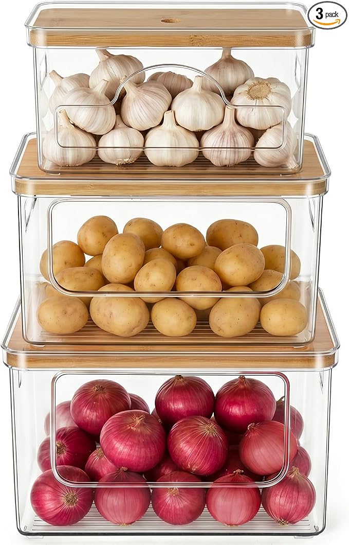 Hudgan Potato Onion and Garlic Storage Bin for Pantry Organizers, 3 Packs | Stackable, Straight Side, Bathroom Countertop Storage with Bamboo Lid, Pantry Box, Can Good Organizer, Kitchen Space Saver by HUDGAN